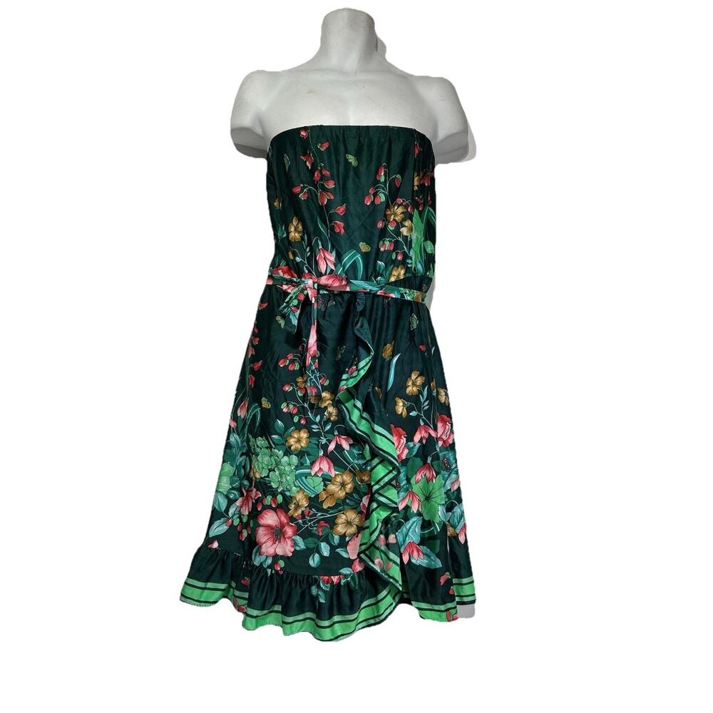 Vtg Sirena Dress Butterfly Floral Tube Silky Artsy Statement Disco Dopamine USA